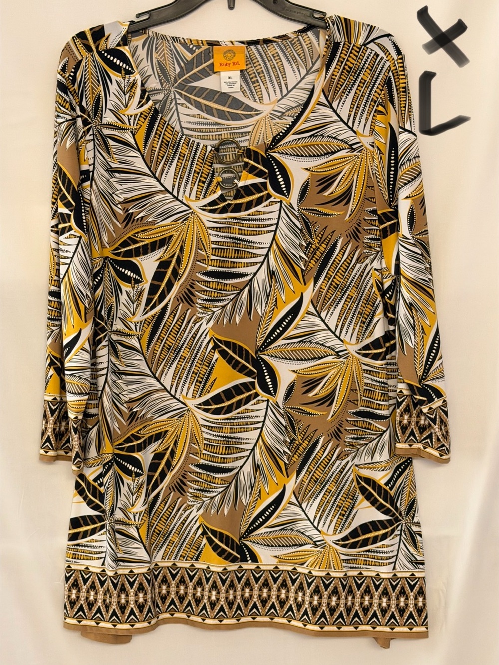 Ruby Rd. Long-Sleeve Leaf Print Tunic in Mustard, Black & White